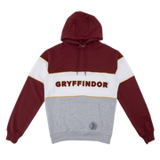 A Gryffindor house hoodie from the Harry Potter series, featuring red and gray colors with a small embroidered lion and the house name.
