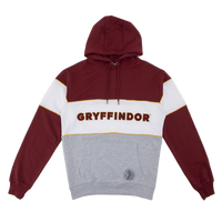 A Gryffindor house hoodie from the Harry Potter series, featuring red and gray colors with a small embroidered lion and the house name.