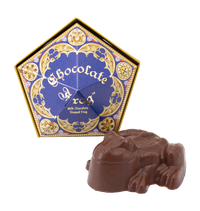 A frog-shaped milk chocolate confectionery with a decorative blue and gold box, labeled 'Chocolate Frog'.