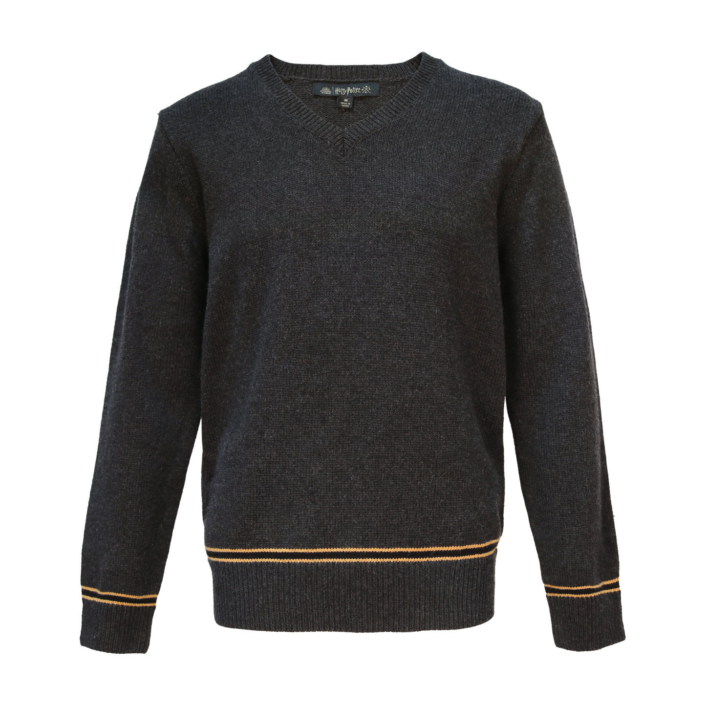 Dark gray Hufflepuff v-neck knitted sweater with gold trim.