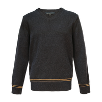Dark gray Hufflepuff v-neck knitted sweater with gold trim.