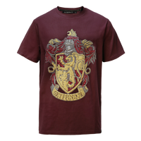 A maroon t-shirt with a puff-print Gryffindor crest in gold and white, resembling embroidery, including an embroidered Gryffindor emblem on the front.