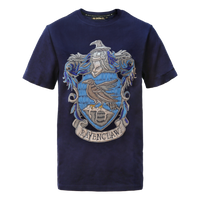 A navy blue t-shirt with a puff-print Ravenclaw crest in white and blue, resembling embroidery, centered on the chest.