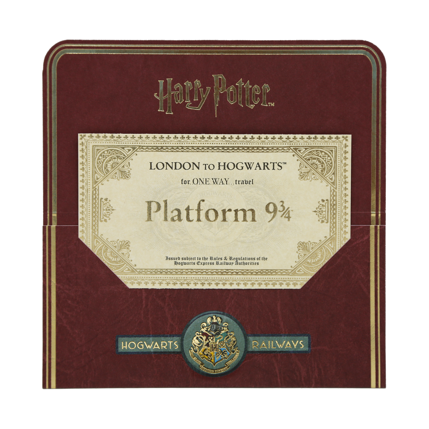 Harry Potter-themed Hogwarts Express ticket in a maroon folder